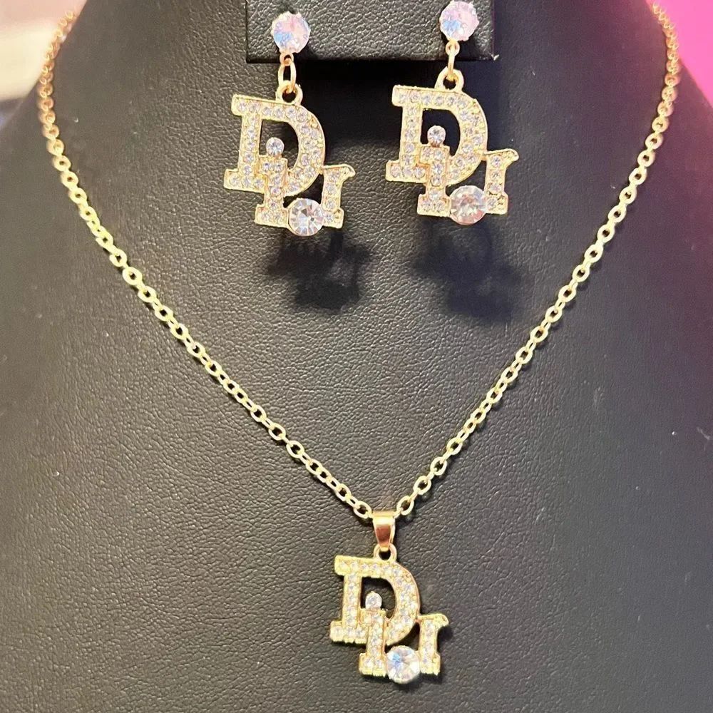 Upcycled Designer Inspired Logo Gold Tone Necklace and Earring Set